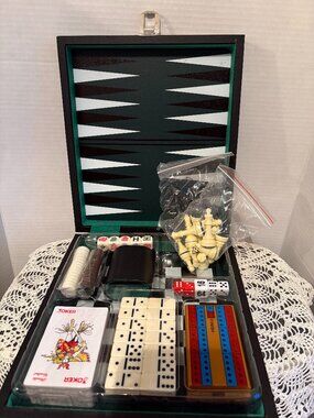Deluxe Travel Game Set Backgammon Chess Checkers Dominoes Cards Cribbage Dice